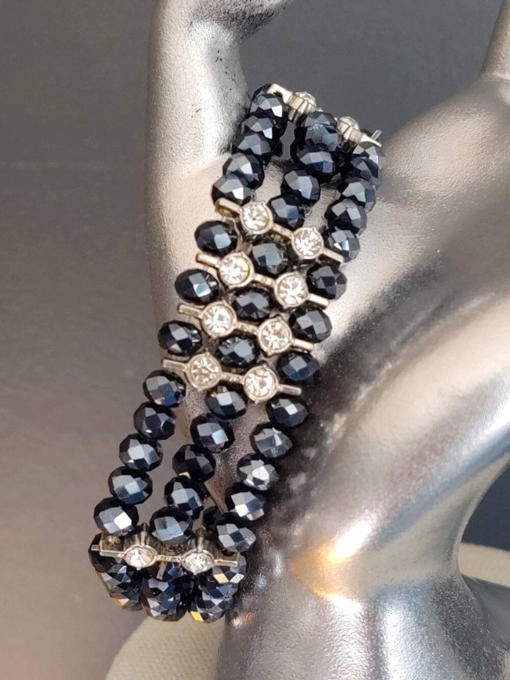 Gray bead and clear crystal stretch bracelet
